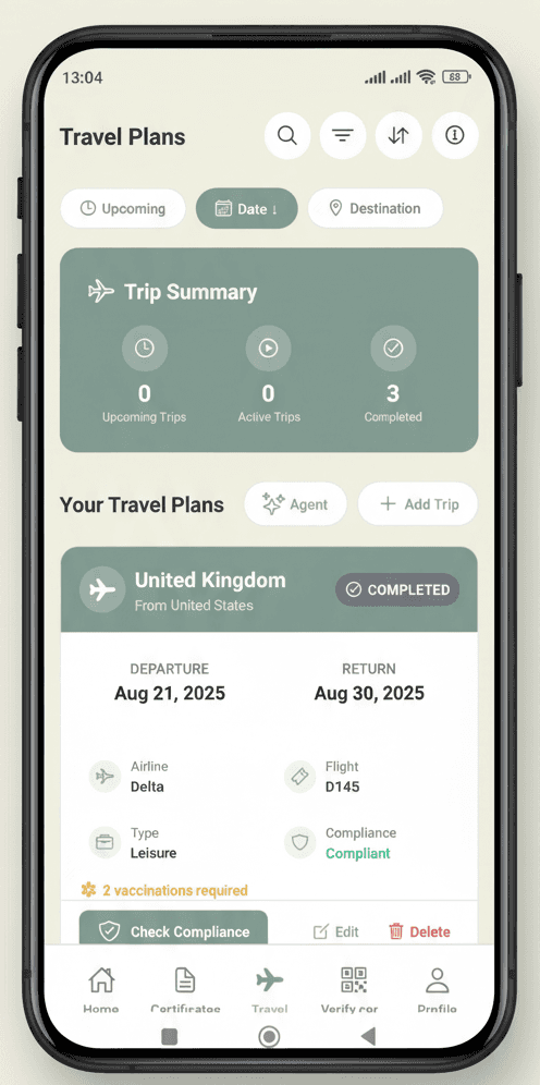 VaxCPass Trip Management screen