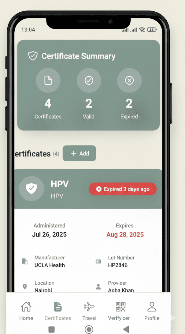 VaxCPass certificate summary page