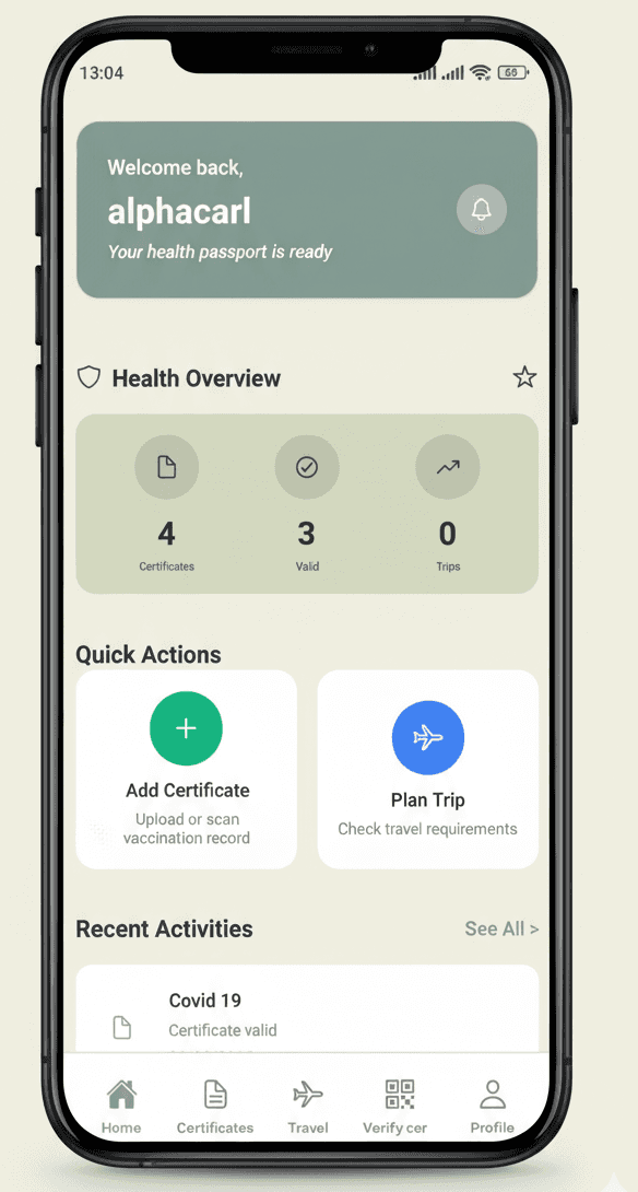 VaxCPass app dashboard